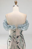 Glinsterende stoffige blauwe strapless kralenbeklede strakke korte cocktailjurk met ruches