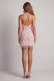 Glinsterende blush strakke korte geruffelde halter-cocktailjurk met franjes