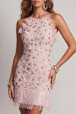 Glinsterende blush strakke korte geruffelde halter-cocktailjurk met franjes