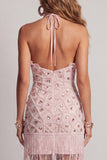 Glinsterende blush strakke korte geruffelde halter-cocktailjurk met franjes