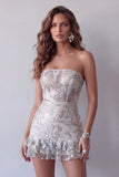 Glinsterende, stoffige salie strapless kralenbeklede strakke korte cocktailjurk met ruches
