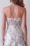 Glinsterende, stoffige salie strapless kralenbeklede strakke korte cocktailjurk met ruches