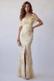 Off-the-shoulder lichtgele geborduurde zeemeermin formele jurk