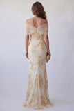 Off-the-shoulder lichtgele geborduurde zeemeermin formele jurk
