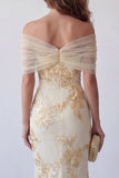 Off-the-shoulder lichtgele geborduurde zeemeermin formele jurk