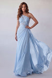 Eenschouder hemelsblauwe chiffon formele jurk met slinger