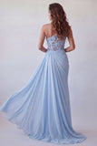Eenschouder hemelsblauwe chiffon formele jurk met slinger