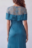 Off-the-shoulder pauwblauwe doorschijnende satijnen satijnen zeemeermin-formele jurk