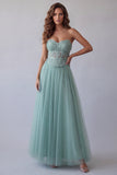 Strapless groen korset A-lijn tule appliqueerde formele jurk