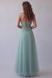 Strapless groen korset A-lijn tule appliqueerde formele jurk