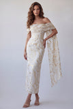 Midi formele jurk met off-the-shoulder champagne bodycon bedrukt met cape