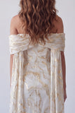 Midi formele jurk met off-the-shoulder champagne bodycon bedrukt met cape