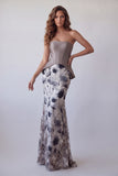 Vintage Mauve Zeemeermin Chiffon Bloemen Strapless Lange Formele Jurk