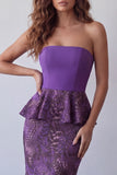 Paarse zeemeermin chiffon strapless midi gerimpelde midi formele jurk