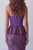 Paarse zeemeermin chiffon strapless midi gerimpelde midi formele jurk