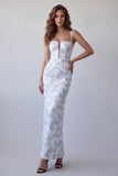 Lichtblauwe bloemen bodycon spaghettibandjes lange formele jurk