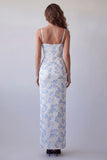 Lichtblauwe bloemen bodycon spaghettibandjes lange formele jurk
