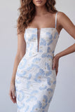 Lichtblauwe bloemen bodycon spaghettibandjes lange formele jurk