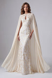 Lange formele jurk met zeemeermin-champagneprint en cape