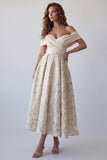 A-lijn champagne off-the-shoulder bedrukte midi formele jurk