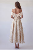 A-lijn champagne off-the-shoulder bedrukte midi formele jurk