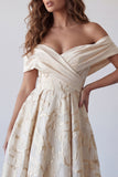 A-lijn champagne off-the-shoulder bedrukte midi formele jurk