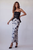 Zwarte strapless bodycon chiffon bloemen midi formele jurk