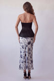 Zwarte strapless bodycon chiffon bloemen midi formele jurk