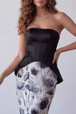 Zwarte strapless bodycon chiffon bloemen midi formele jurk
