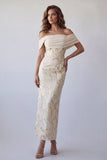 Champagne Off the Shoulder Bodycon Maxi formele jurk met printprint
