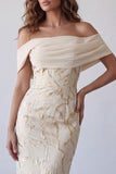 Champagne Off the Shoulder Bodycon Maxi formele jurk met printprint
