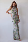 Halter Neck Dusty Sage Bodycon Chiffon Floral Maxi Formele Jurk
