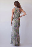 Halter Neck Dusty Sage Bodycon Chiffon Floral Maxi Formele Jurk