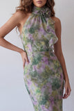 Halter Neck Dusty Sage Bodycon Chiffon Floral Maxi Formele Jurk
