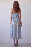 A-lijn stoffige blauwe chiffon strapless bloemen midi formele jurk
