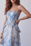 A-lijn stoffige blauwe chiffon strapless bloemen midi formele jurk