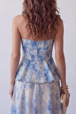 A-lijn stoffige blauwe chiffon strapless bloemen midi formele jurk