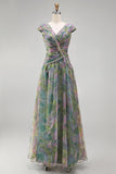 Chiffon Dusty Sage A-lijn V-hals lange formele jurk met gerimpeld