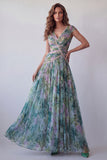 Chiffon Dusty Sage A-lijn V-hals lange formele jurk met gerimpeld