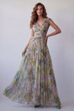 Chiffon Dusty Sage A-lijn V-hals lange formele jurk met gerimpeld