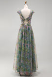 Chiffon Dusty Sage A-lijn V-hals lange formele jurk met gerimpeld