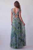 Chiffon Dusty Sage A-lijn V-hals lange formele jurk met gerimpeld
