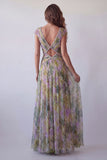Chiffon Dusty Sage A-lijn V-hals lange formele jurk met gerimpeld