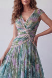 Chiffon Dusty Sage A-lijn V-hals lange formele jurk met gerimpeld