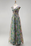 Chiffon Dusty Sage A-lijn V-hals lange formele jurk met gerimpeld