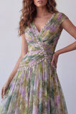 Chiffon Dusty Sage A-lijn V-hals lange formele jurk met gerimpeld