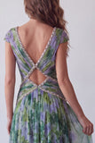 Chiffon Dusty Sage A-lijn V-hals lange formele jurk met gerimpeld