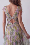Chiffon Dusty Sage A-lijn V-hals lange formele jurk met gerimpeld