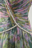 Chiffon Dusty Sage A-lijn V-hals lange formele jurk met gerimpeld