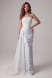 Lichtblauwe strapless bodycon gerimpelde, lange lange formele jurk met bloemen en sjerp